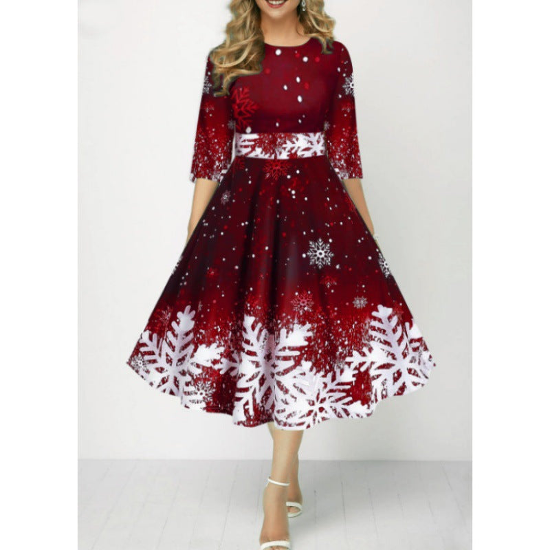 Women's Christmas style mid-length sleeve waist dress