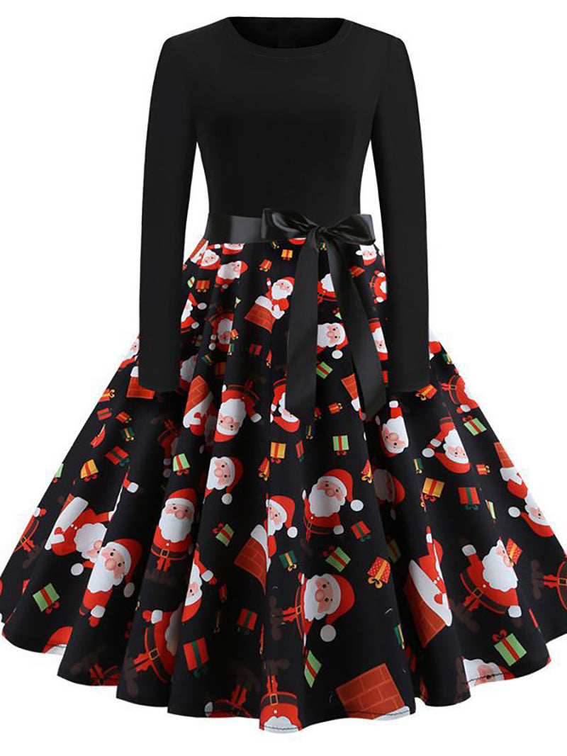 Christmas round neck print long sleeve tutu skirt swing dress