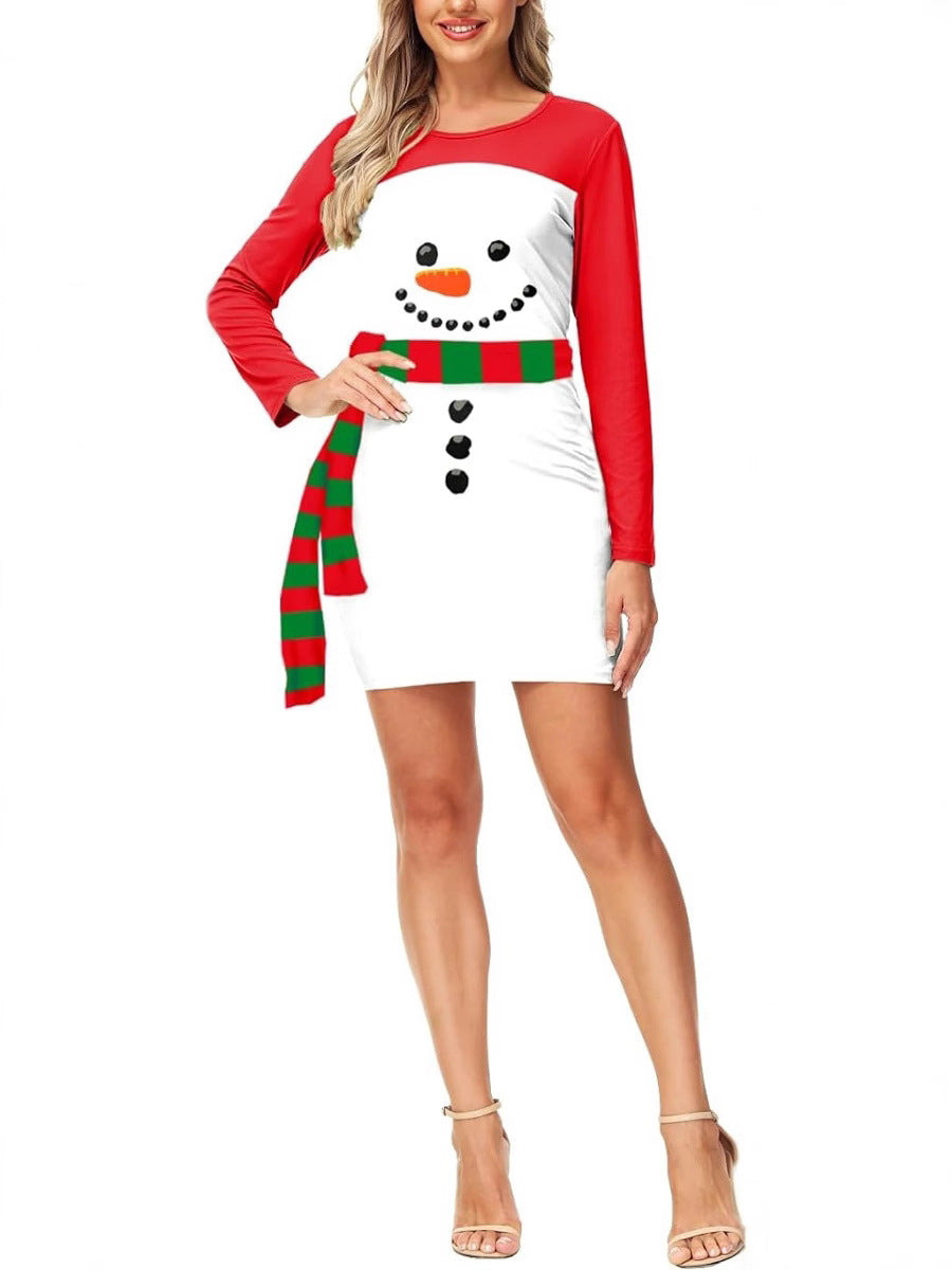 New Christmas Snowman Knitted Print Long Sleeve Dress