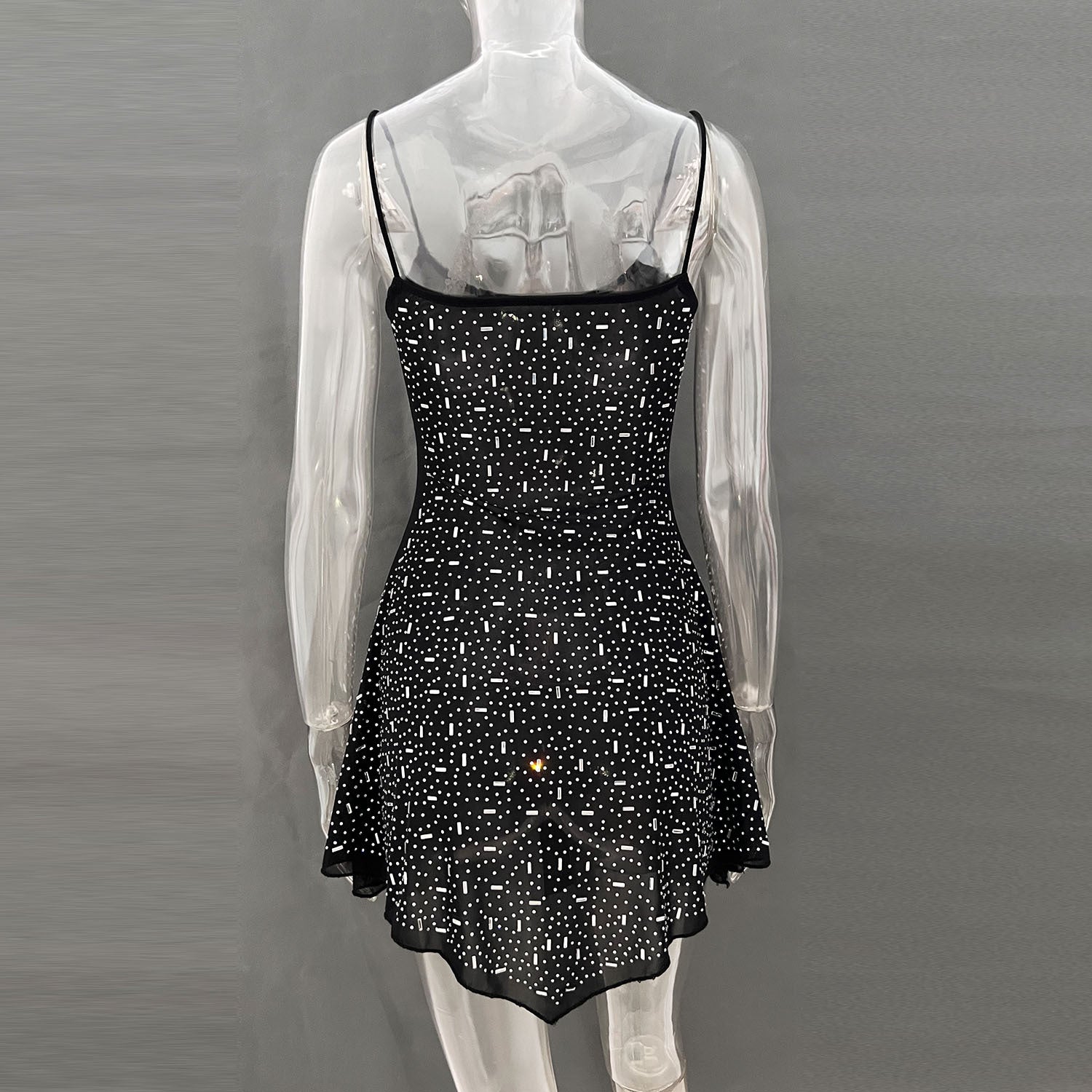 Women rhinestone semi-transparent suspender short Party dress