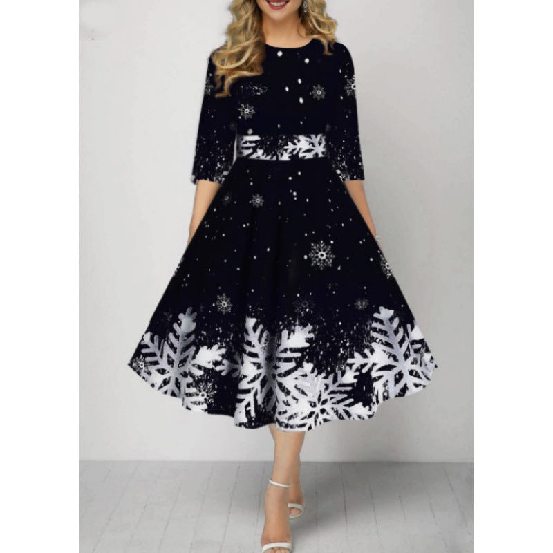 Women's Christmas style mid-length sleeve waist dress