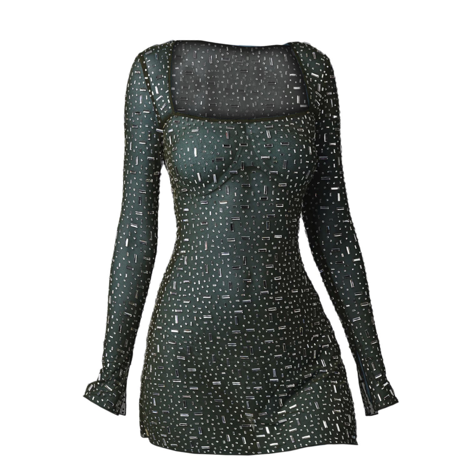 Sequined rhinestone semi-transparent long-sleeved short party dress