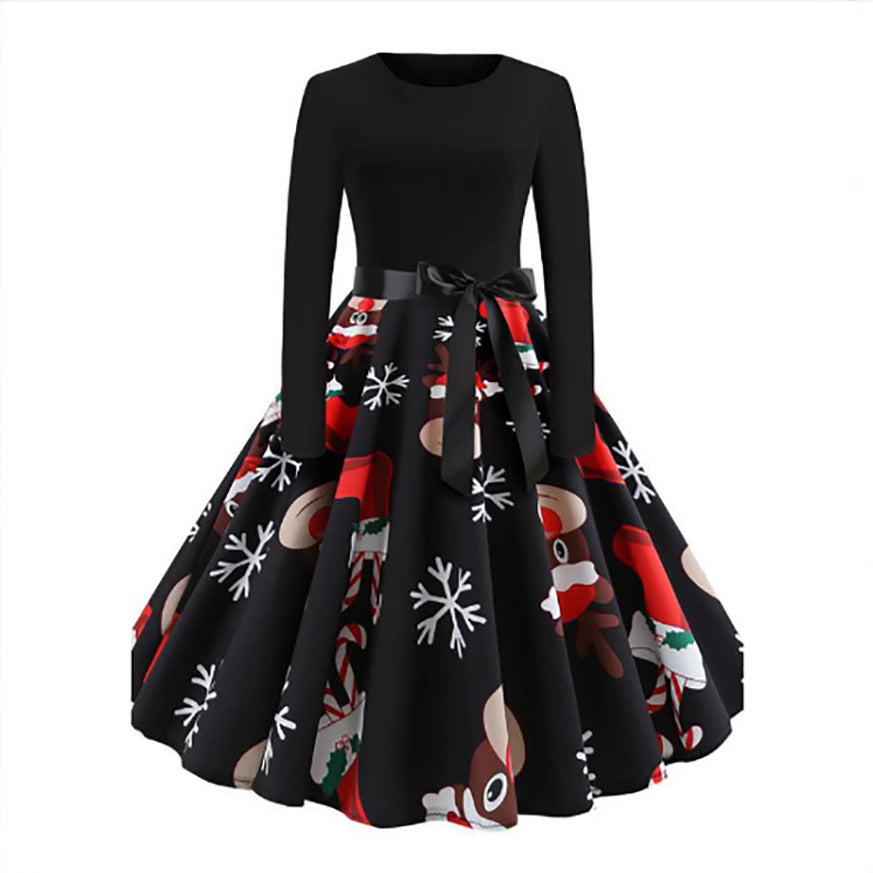 Christmas round neck print long sleeve tutu skirt swing dress