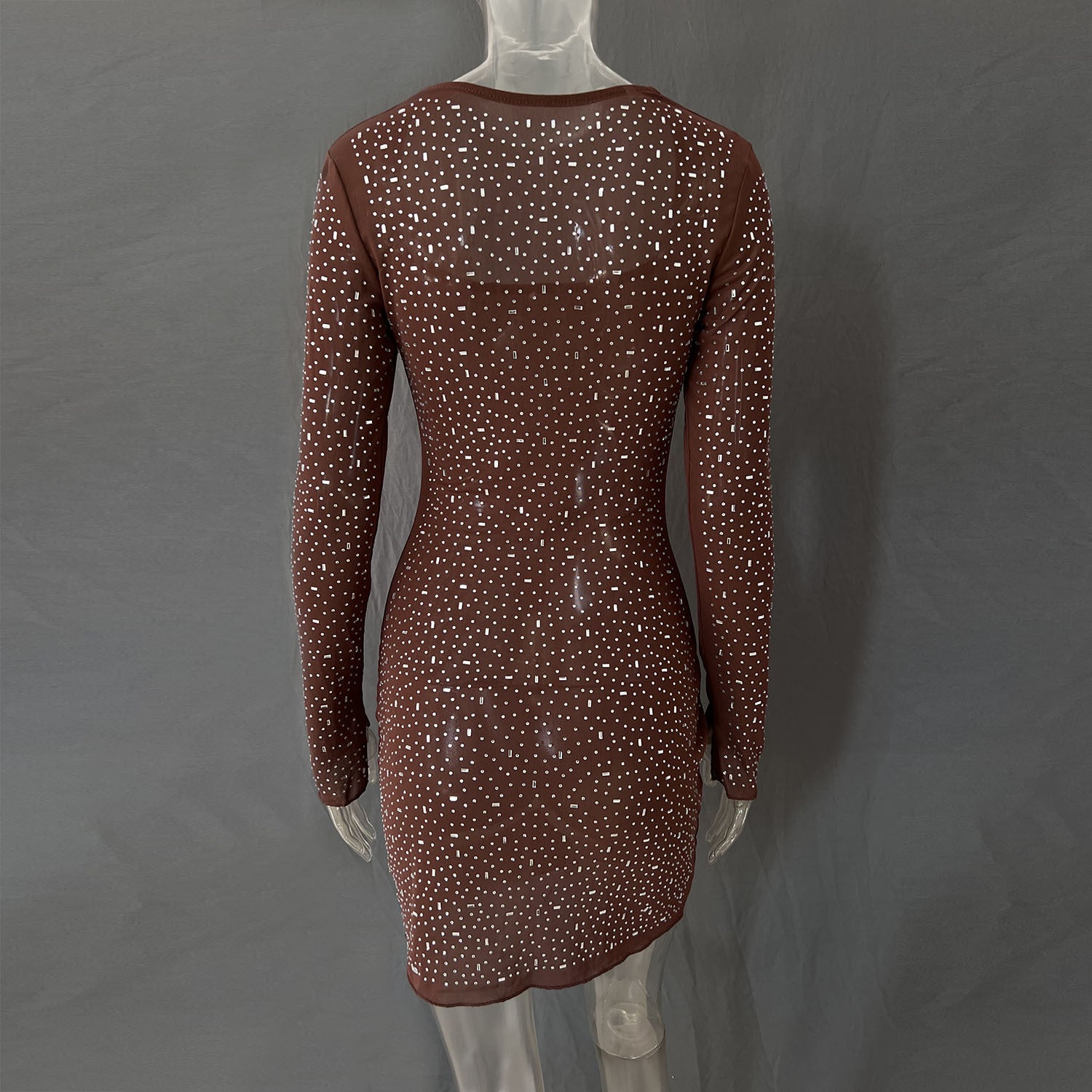 Sequined rhinestone semi-transparent long-sleeved short party dress