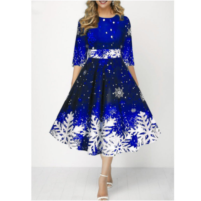 Women's Christmas style mid-length sleeve waist dress