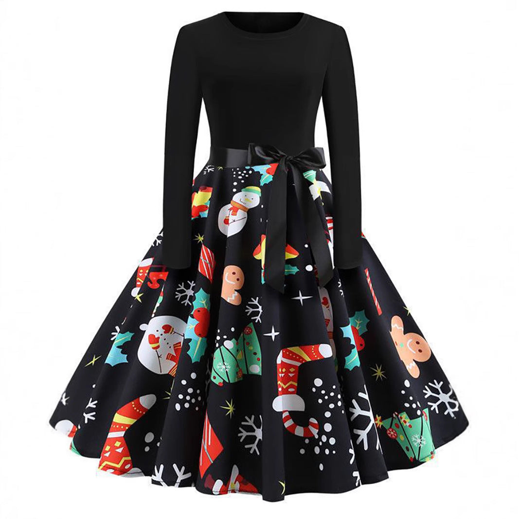 Christmas round neck print long sleeve tutu skirt swing dress