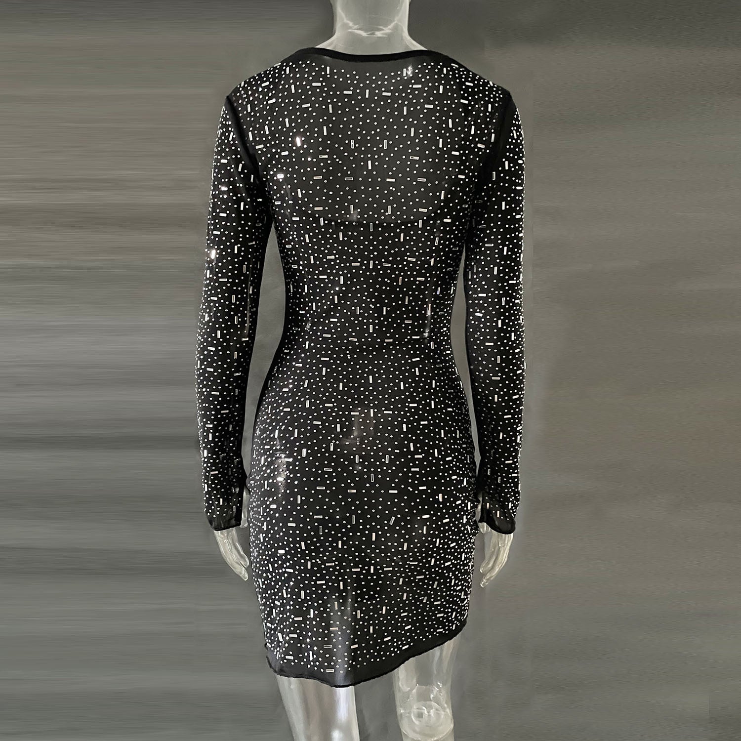 Sequined rhinestone semi-transparent long-sleeved short party dress