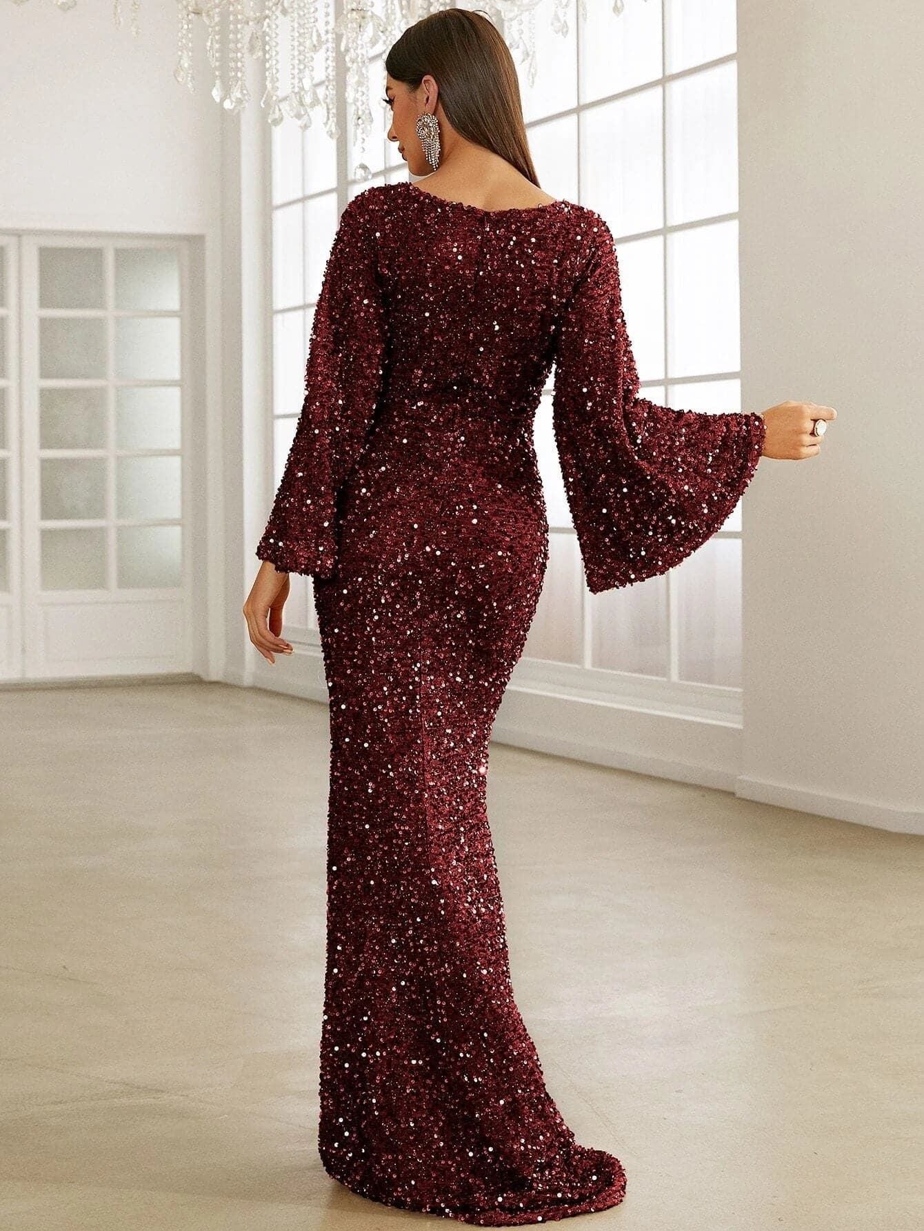 V-neck sequined dress mid-waist long Evening dress