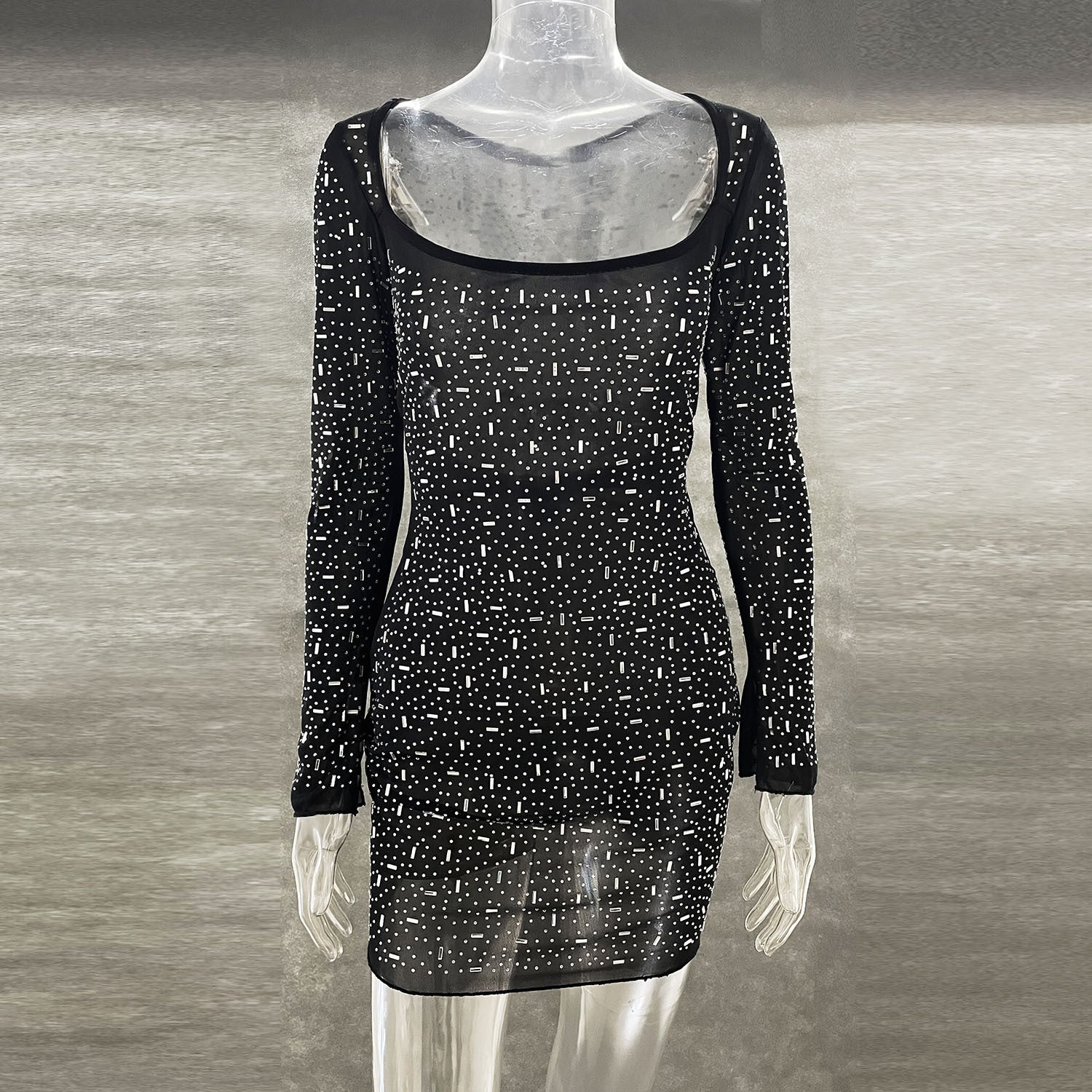 Sequined rhinestone semi-transparent long-sleeved short party dress