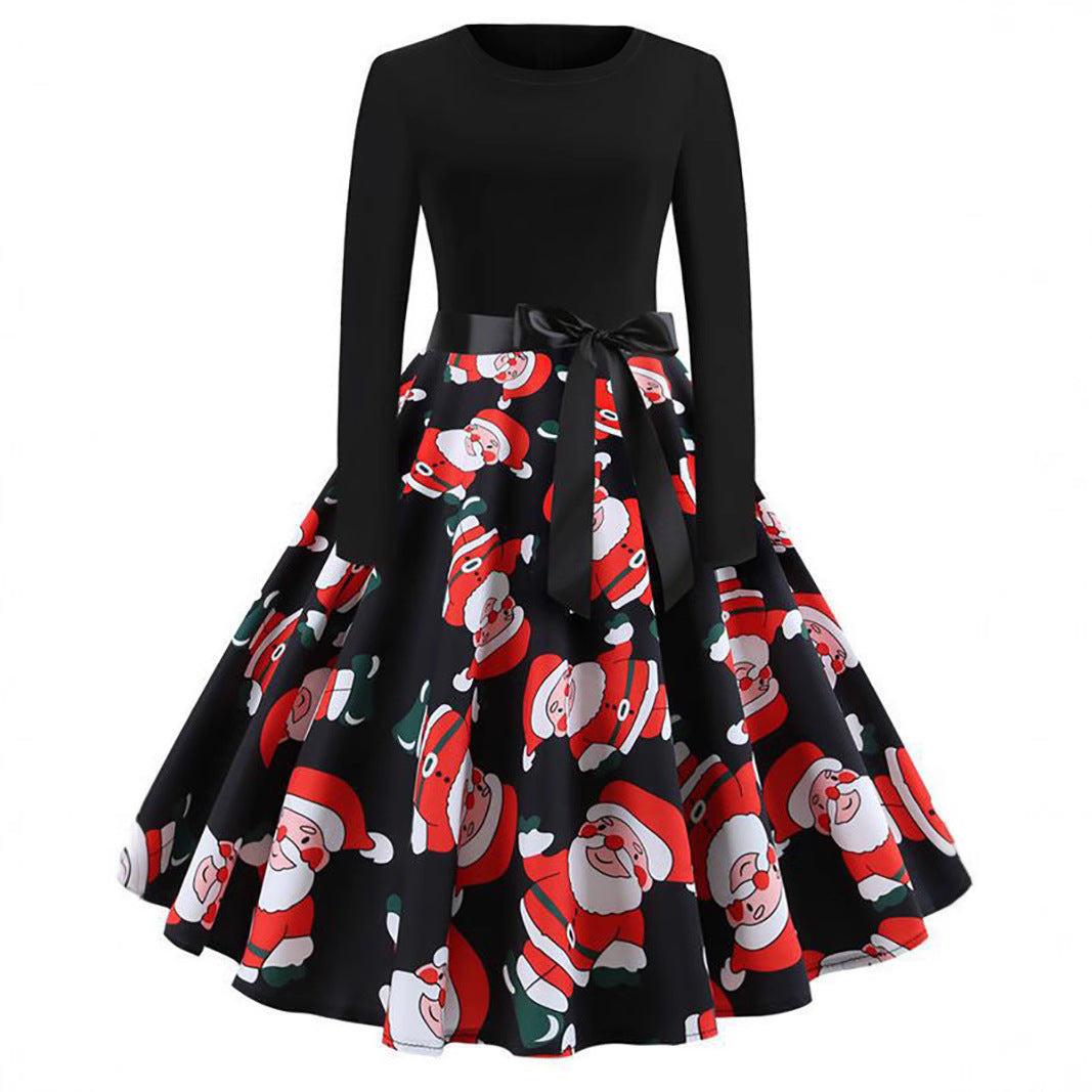 Christmas round neck print long sleeve tutu skirt swing dress