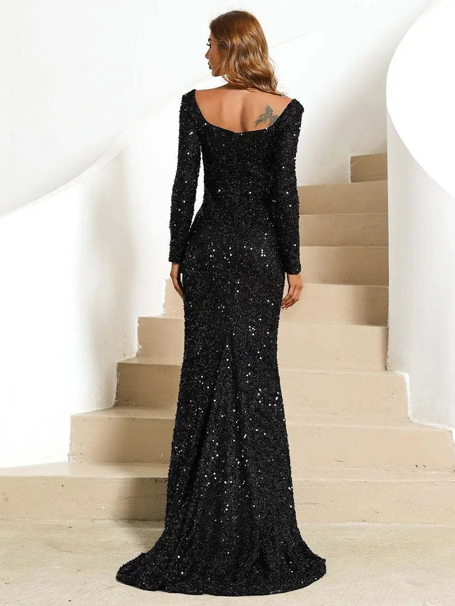 V-neck sequined dress mid-waist long Evening dress