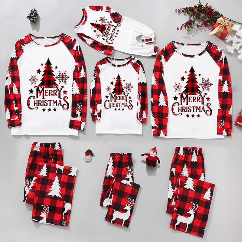 Parent-child home clothes Christmas suit plaid patchwork print Christmas tree letters