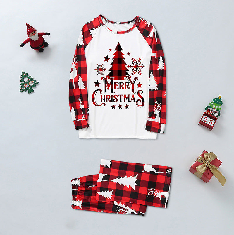 Parent-child home clothes Christmas suit plaid patchwork print Christmas tree letters