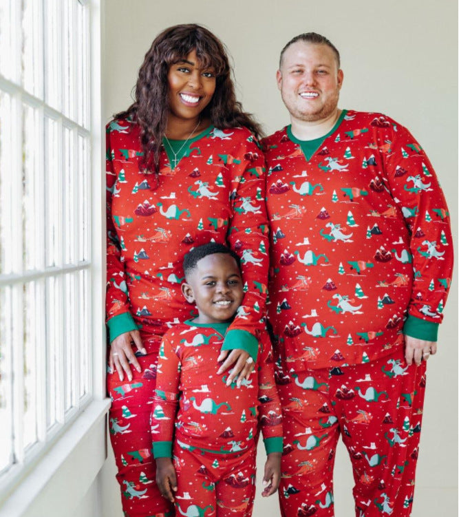 Red Christmas pajamas Polyester parent-child home wear suit mom dad baby pajamas