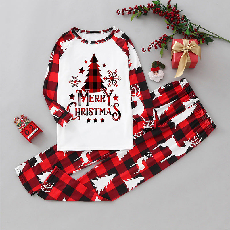 Parent-child home clothes Christmas suit plaid patchwork print Christmas tree letters