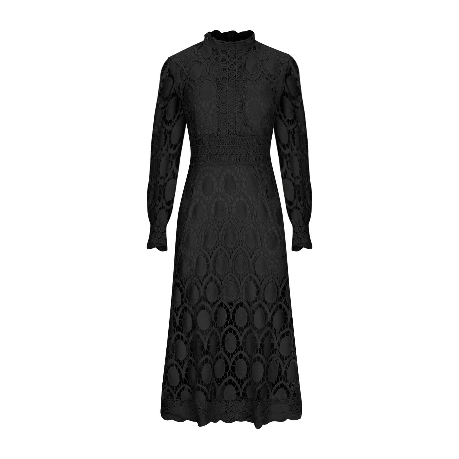 2024 new sexy hollow long sleeve stand collar large swing lace dress