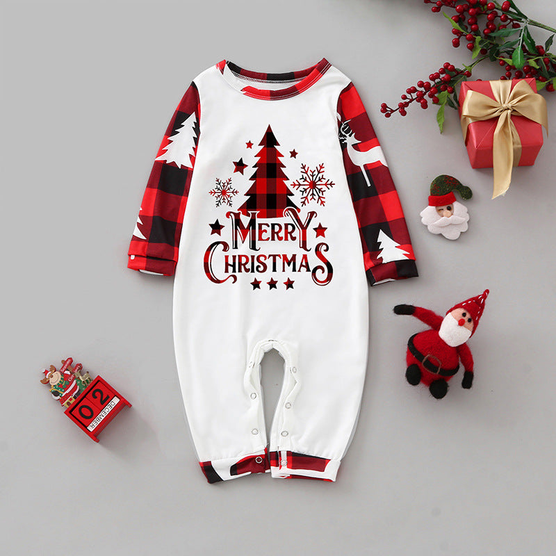 Parent-child home clothes Christmas suit plaid patchwork print Christmas tree letters