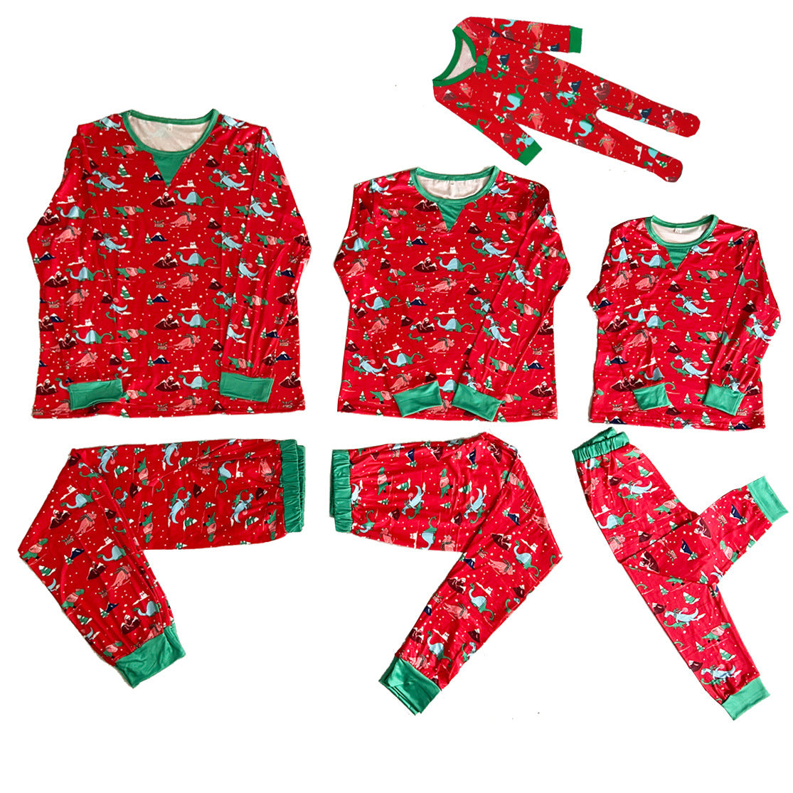 Red Christmas pajamas Polyester parent-child home wear suit mom dad baby pajamas