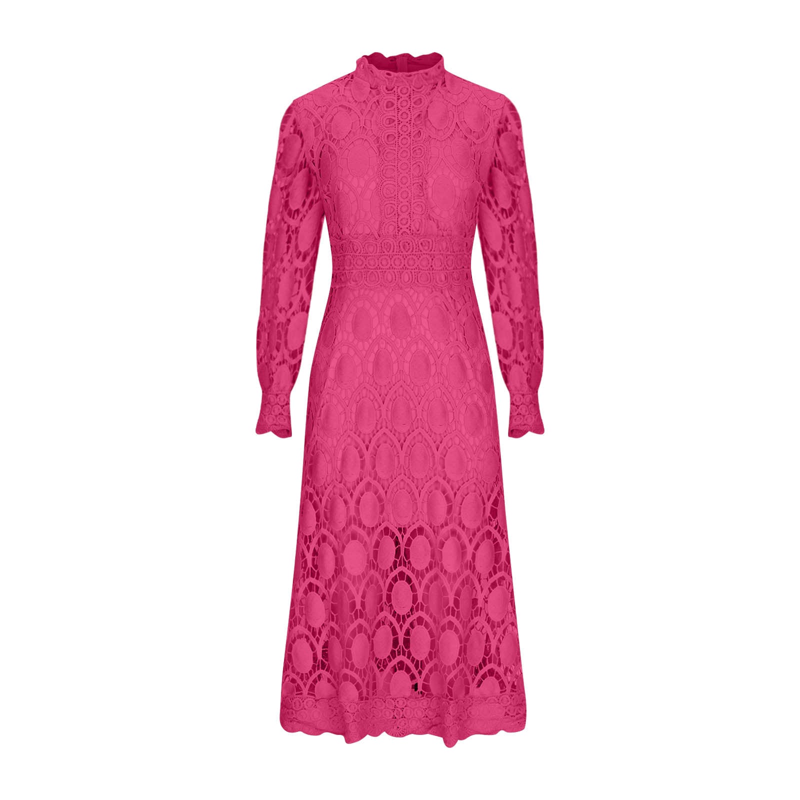 2024 new sexy hollow long sleeve stand collar large swing lace dress