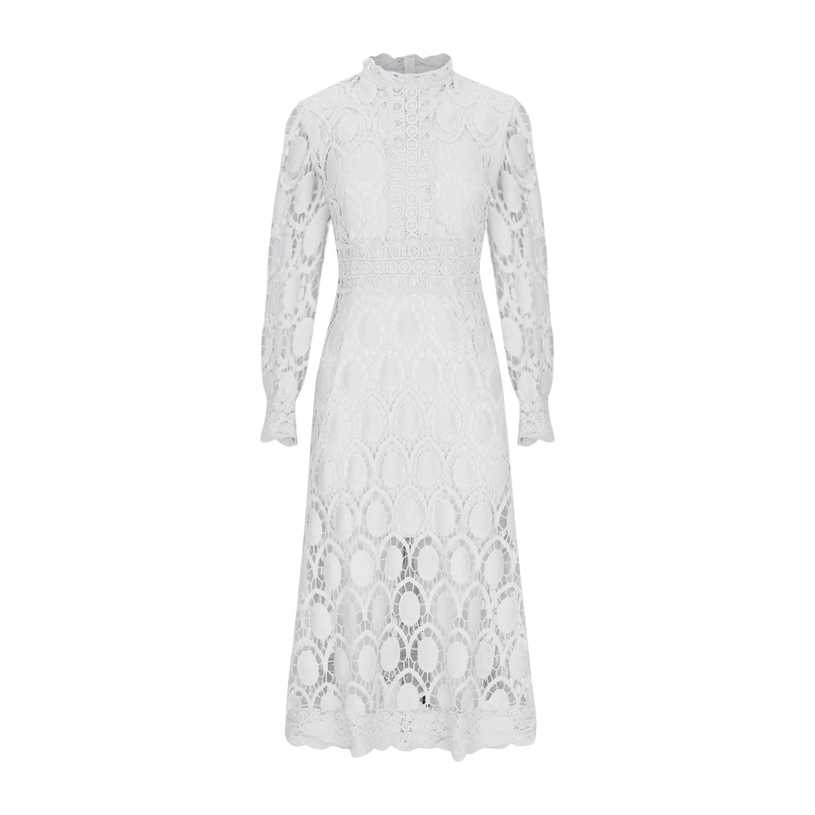 2024 new sexy hollow long sleeve stand collar large swing lace dress