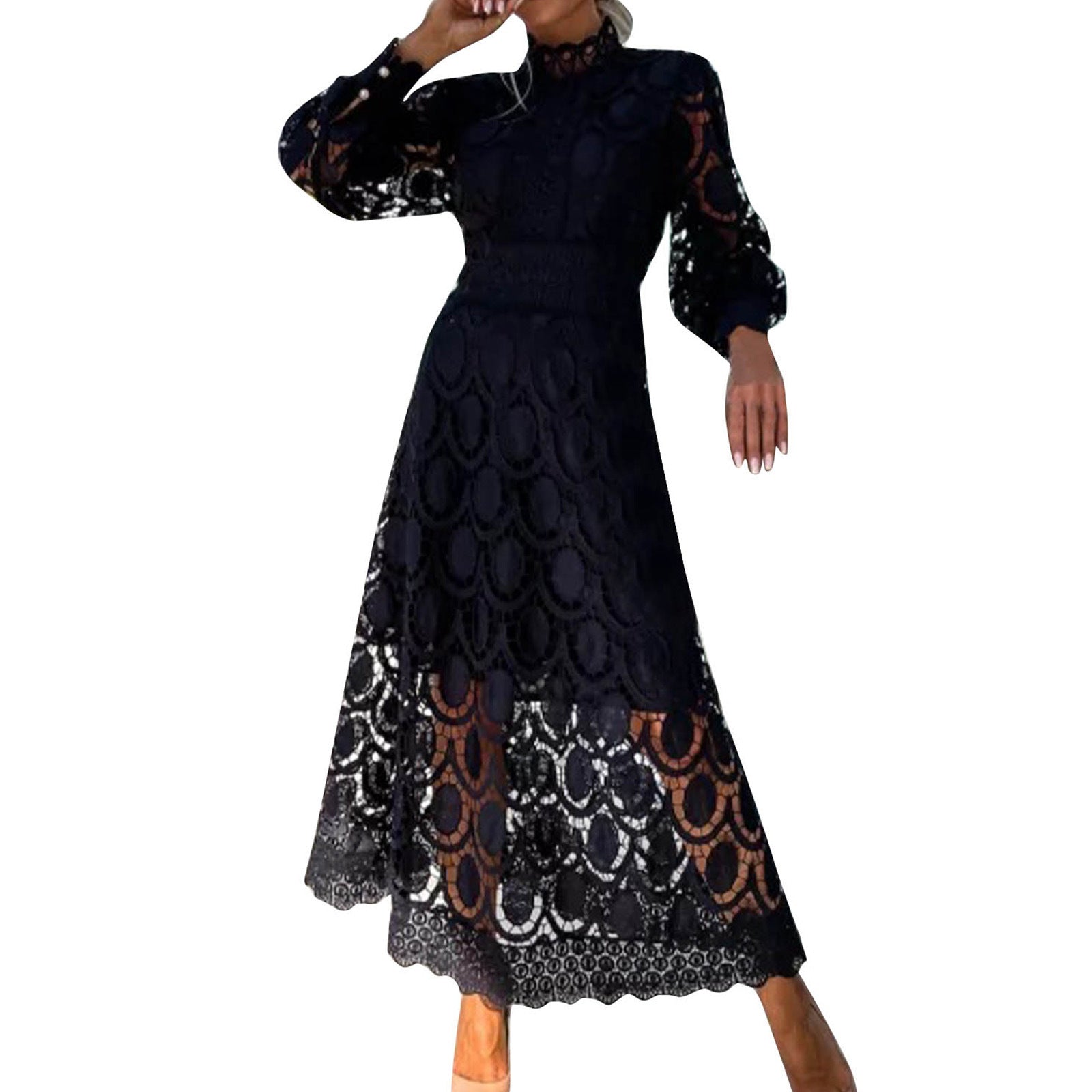 2024 new sexy hollow long sleeve stand collar large swing lace dress